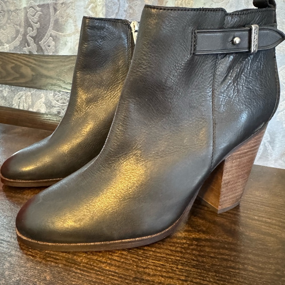 Coach Black Leather Ankle Booties with Stacked Wood Heel